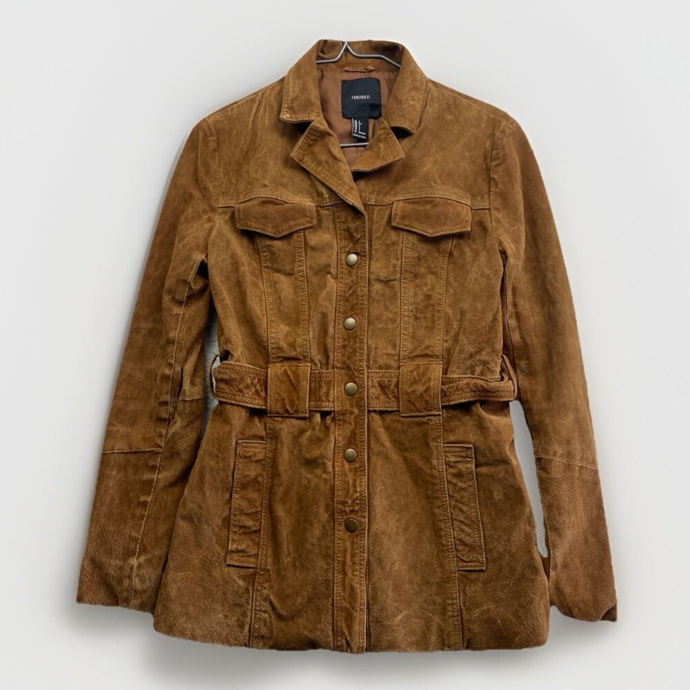 Forever 21 Belted Leather Coat Jacket Women Sz S Camel Brown Long Sleeve Button